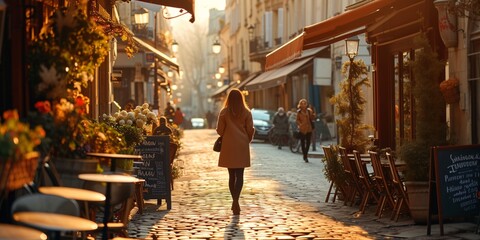 Morning in Paris with a classic French bistro and a lady strolling down the street.