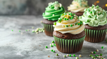 Deliciously decorated cupcakes on a grey table. St. Patrick's Day celebration, Space for text - obrazy, fototapety, plakaty