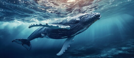 A marine mammal, the humpback whale gracefully swims in the underwater world of the ocean, surrounded by fluid, electric blue water.