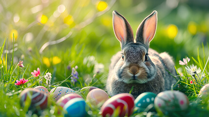 Fototapeta na wymiar Easter bunny amidst a meadow of colorful eggs on a sunny day