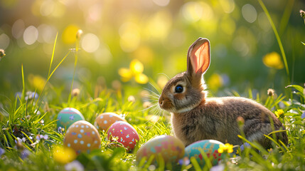 Fototapeta na wymiar Easter bunny amidst a meadow of colorful eggs on a sunny day