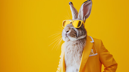 Easter bunny dressed in a bright yellow suit and stylish sunglasses isolated on a yellow background