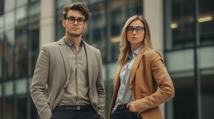 Businessman and Businesswoman wearing brown attire, outdoor shot