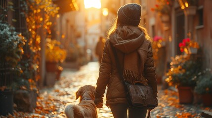 A chic lady strolls with her canine companion in the streets of Rome, capturing the essence of...