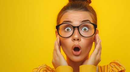 Woman with stunned shocked face. indoor studio shot isolated on yellow background