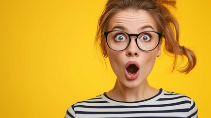 Woman with stunned shocked face. indoor studio shot isolated on yellow background