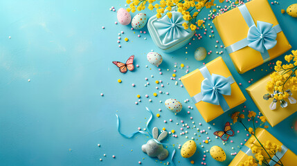 Easter concept, top view photo of yellow gift boxes with blue bows, Easter eggs, mimosa flowers, butterflies, and sprinkles isolated on a pastel blue background