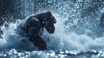 Majestic Gorilla Splashing in Water Amidst Glistening Droplets, Captured in a Dynamic Pose
