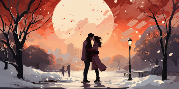 couple in love woman and man kissing outside in winter snow fall romantic cute vector character