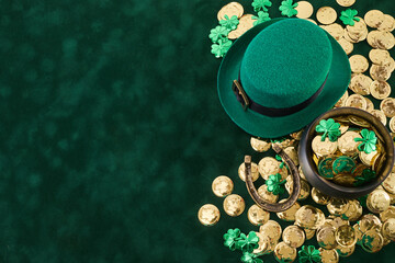 Happy St. Patrick's Day background with a leprechaun green hat full of gold coins - obrazy, fototapety, plakaty