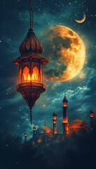 Fototapeta na wymiar Ramadan Kareem greeting poster design with lantern moon and stars