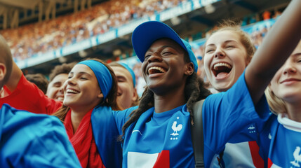 French football soccer fans in a stadium supporting the national team, Equipe tricolore - obrazy, fototapety, plakaty