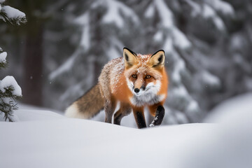 AI generated illustration of A red fox walking in a winter wonderland of snow covered pine trees