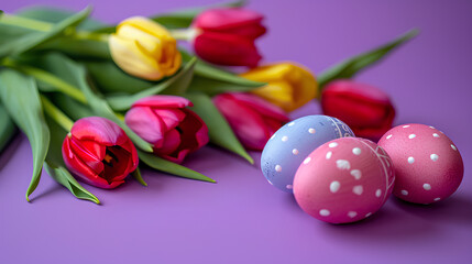 Obraz na płótnie Canvas Easter eggs and tulips on a purple background