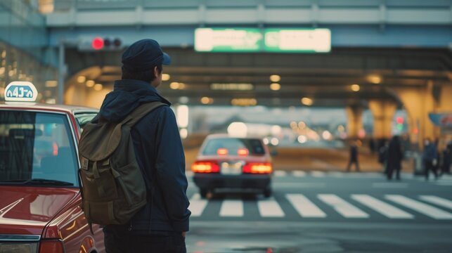 A traveler is anticipating a cab outside Tokyo's airport in Japan.