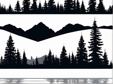 Black silhouette of mountains and fir trees camping adventure wildlife landscape panorama illustration icon vector for logo, isolated on white background (generative AI)