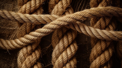 Fototapeta premium Intricate knots of brown ropes on burlap.