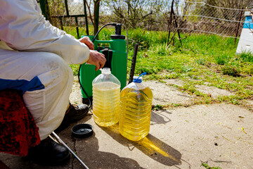 Fototapeta premium Farmer is blending substance with water in proper scale to sprinkles fruit trees