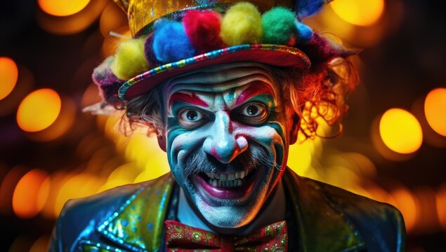 Clown's delight: Capturing joy amidst colorful balloons.