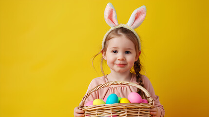 Festive Easter scene, a little girl depicting an Easter bunny with a basket of colorful eggs isolated on a yellow background