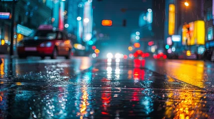 Tuinposter Rainy Evening on a Busy City Street © selentaori