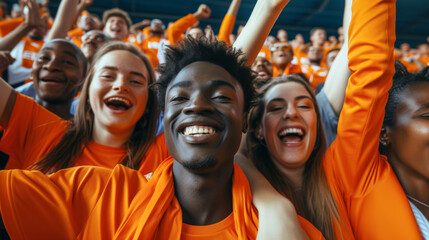 Dutch football soccer fans in a stadium supporting the national team, Oranje 