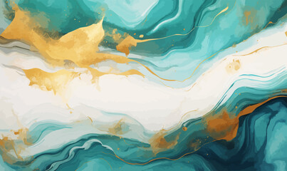 liquid paint artwork with fluid formation, paint swirls colorful gold marble teal white seamless illustration - obrazy, fototapety, plakaty