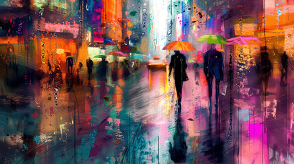 Colorful abstract cityscape with pedestrians in rain.