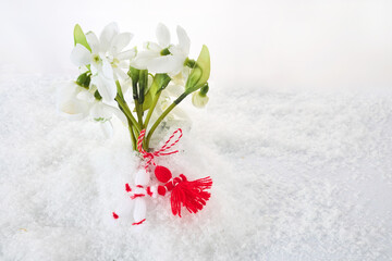 Snowdrops flowers with a red and white martenitsa on a snow background. Martisor and Baba Marta.