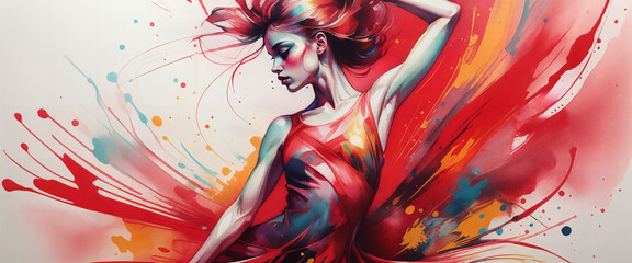 Young girl dancing. Ecstasy, red tones - obrazy, fototapety, plakaty