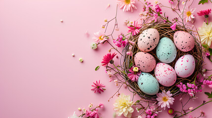 Happy Easter concept with Easter eggs in a nest and spring flowers on a pink background