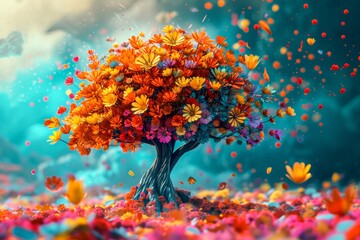 A vibrant coral reef of blooming orange flowers adorns the lush green branches of a majestic outdoor tree, painting a picturesque scene of natural beauty
