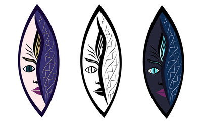 Shakti mask. Goddess of Strength, Divine Mother of the Universe in the form of the face of a beautiful girl in black and white and color, with her face covered. Vector art illustration.