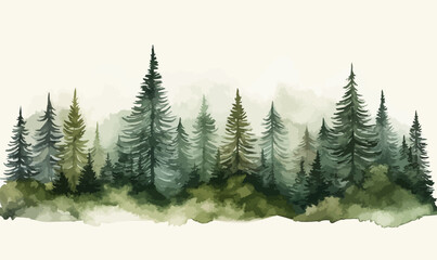 Watercolor mountains spruce trees landscape border, isolated hand drawn, watercolor illustration transparent background