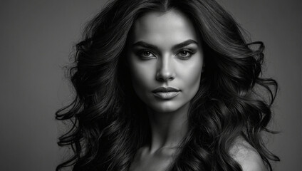 Naklejka premium Black and white portrait of a woman with luxurious hair. generative AI