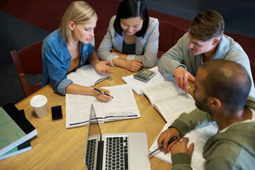 Students, friends and studying with teamwork or research project for education, scholarship or...