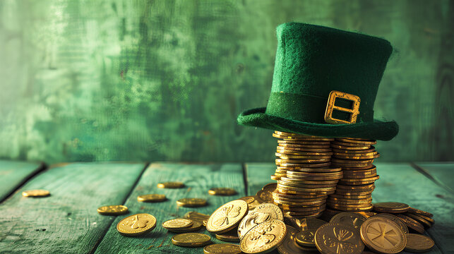 Happy St Patrick's Day leprechaun hat with gold chocolate coins on vintage style green wood background