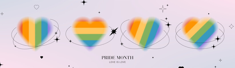 Set of trendy aesthetic hearts for Pride Month. Blurry gradient symbols of Pride Month with LGBTQ Flag Colours. Templates of rainbow hearts. Human rights and tolerance concept. Vector illustration.