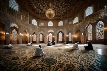  A peaceful scene of worshipers performing  taraweeh prayers in a mosque adorned  - obrazy, fototapety, plakaty