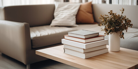 A stack of books with a vase of flowers on a table in a minimalist bright living room interior.
