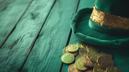 Happy St Patrick's Day leprechaun hat with gold chocolate coins on vintage style green wood background - Powered by Adobe