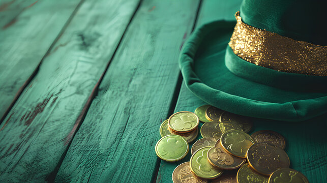 Happy St Patrick's Day leprechaun hat with gold chocolate coins on vintage style green wood background