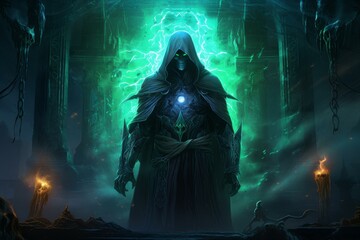 Fototapeta na wymiar Captivating Necromancer neon art background. Evil dark. Generate Ai