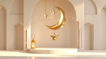 Islamic Podium with Traditional islamic lantern with Crescent moon