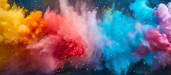 Fototapeta premium An electric blue cloud of magenta powder explodes in the sky, creating a mesmerizing entertainment event filled with vibrant colors and smoky clouds.