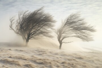 winter landscape with trees bowing in the wind. 