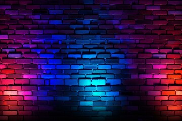 Neon blue red brick wall structure. Concrete dark light room. Generate AI