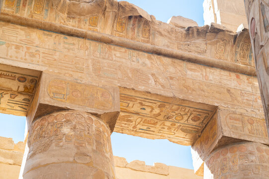 The anchient wall of the Karnak temple in Luxor, Egypt. Concept of international travel, vacation, leasure.