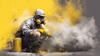 Man in radiation-proof suit applies spray for decontamination.