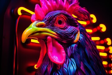 Neon chicken bird. Art blue color. Generate Ai